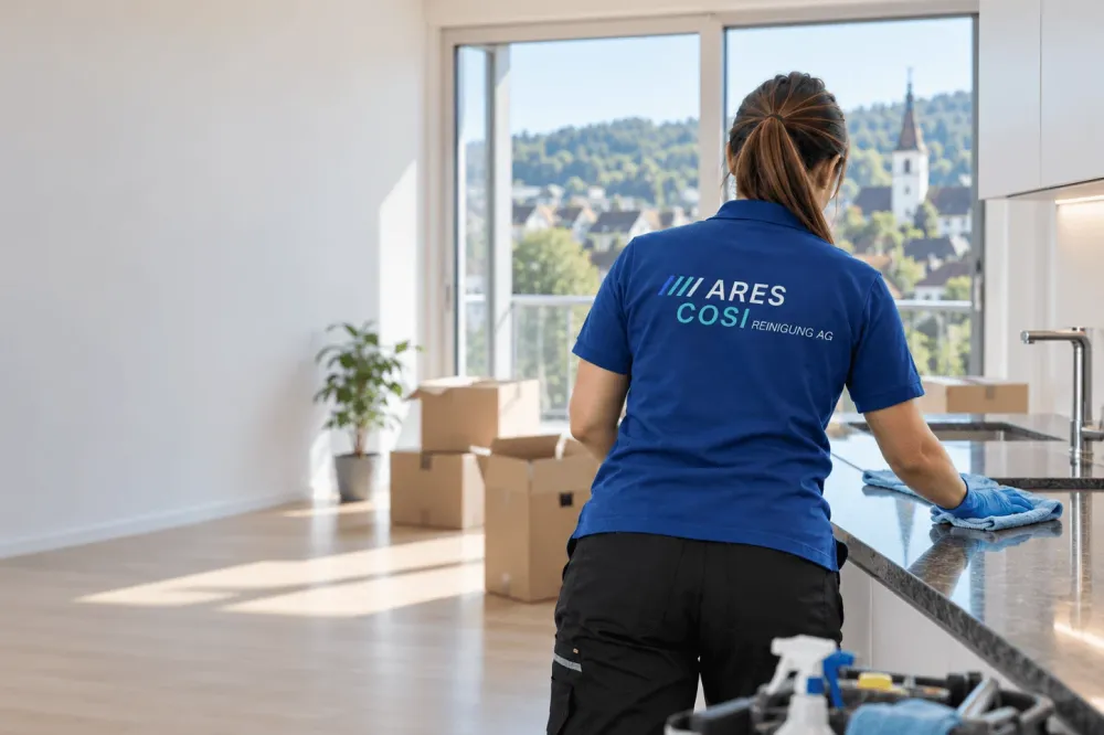 Mitarbeiterin der ARES COSI Reinigung AG reinigt die Küche einer leeren Wohnung, im Hintergrund stehen Umzugskartons