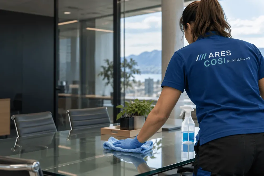 Mitarbeiterin der ARES COSI Reinigung AG reinigt bei der Büroreinigung einen Glastisch im Sitzungszimmer