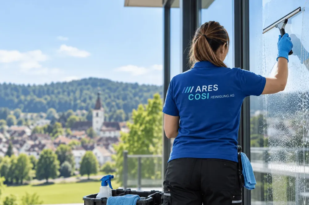 Mitarbeiterin der ARES COSI Reinigung AG zieht ein grosses Fenster mit dem Fensterabzieher ab