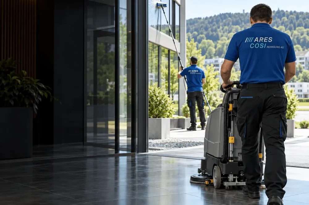 Mitarbeiter der ARES COSI Reinigung AG reinigt den Steinboden einer Bürolobby mit einer Scheuersaugmaschine, draussen putzt ein Kollege die Glasfassade