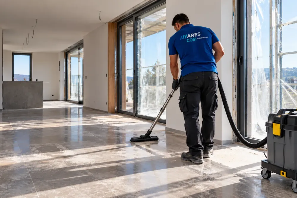 Mitarbeiter der ARES COSI Reinigung AG saugt bei der Bauendreinigung Baustaub in einem leeren Neubau mit einem Industriesauger